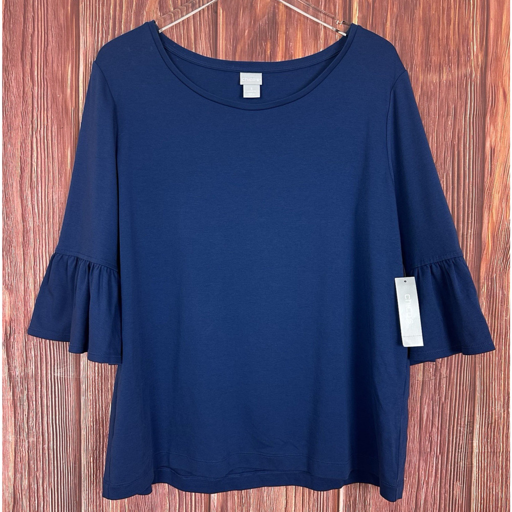 Chico's Knit Top Flounce Sleeve Blue 100% Cotton Womens Size 3 / US XL NWT